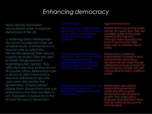 use of referendums to improve democracy A) to what extent would the wider use of referendums improve democracy in the uk there are many ways in which referendums would directly and indirectly improve the. use of referendums to improve democracy A) to what extent would the wider use of referendums improve democracy in the uk there are many ways in which referendums would directly and indirectly improve the.