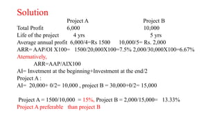Solution
Project A Project B
Total Profit 6,000 10,000
Life of the project 4 yrs 5 yrs
Average annual profit 6,000/4=Rs 1500 10,000/5= Rs. 2,000
ARR= AAP/OI X100= 1500/20,000X100=7.5% 2,000/30,000X100=6.67%
Aternatively,
ARR=AAP/AIX100
AI= Invetment at the beginning+Investment at the end/2
Project A :
AI= 20,000+ 0/2= 10,000 , project B = 30,000+0/2= 15,000
Project A = 1500/10,000 = 15%, Project B = 2,000/15,000= 13.33%
Project A preferable than project B
 