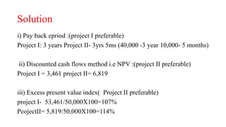 Solution
i) Pay back epriod :(project I preferable)
Project I: 3 years Project II- 3yrs 5ms (40,000 -3 year 10,000- 5 months)
ii) Discounted cash flows method i.e NPV :(project II preferable)
Project I = 3,461 project II= 6,819
iii) Excess present value index( Project II preferable)
project I- 53,461/50,000X100=107%
PeojectII= 5,819/50,000X100=114%
 