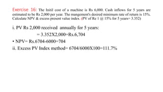 Exercise 16: The Initil cost of a machine is Rs 6,000. Cash inflows for 5 years are
estimated to be Rs 2,000 per year. The mangement's desired minimum rate of return is 15%.
Calculate NPV & excess present value index. (PV of Re 1 @ 15% for 5 years= 3.352)
i. PV Rs 2,000 received annually for 5 years:
= 3.352X2,000=Rs.6,704
• NPV= Rs.6704-6000=704
ii. Excess PV Index method= 6704/6000X100=111.7%
 