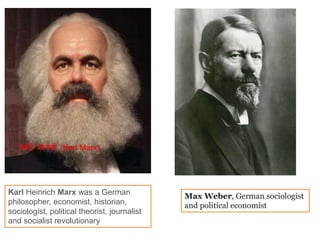 Karl Heinrich Marx was a German
philosopher, economist, historian,
sociologist, political theorist, journalist
and socialist revolutionary
कालन मार्कसन (Karl Marx)
Max Weber, German sociologist
and political economist
 