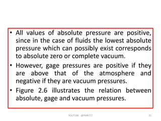 • All values of absolute pressure are positive,
since in the case of fluids the lowest absolute
pressure which can possibly exist corresponds
to absolute zero or complete vacuum.
• However, gage pressures are positive if they
are above that of the atmosphere and
negative if they are vacuum pressures.
• Figure 2.6 illustrates the relation between
absolute, gage and vacuum pressures.
YOUTUBE -@PMR777 25
 