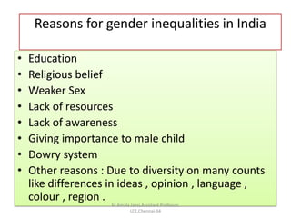 • Education
• Religious belief
• Weaker Sex
• Lack of resources
• Lack of awareness
• Giving importance to male child
• Dowry system
• Other reasons : Due to diversity on many counts
like differences in ideas , opinion , language ,
colour , region .
Reasons for gender inequalities in India
M.Amala Jansi,Assistant Professor,
LCE,Chennai-34
 