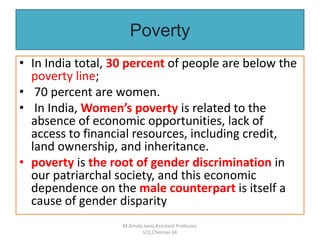 Poverty
• In India total, 30 percent of people are below the
poverty line;
• 70 percent are women.
• In India, Women’s poverty is related to the
absence of economic opportunities, lack of
access to financial resources, including credit,
land ownership, and inheritance.
• poverty is the root of gender discrimination in
our patriarchal society, and this economic
dependence on the male counterpart is itself a
cause of gender disparity
M.Amala Jansi,Assistant Professor,
LCE,Chennai-34
 