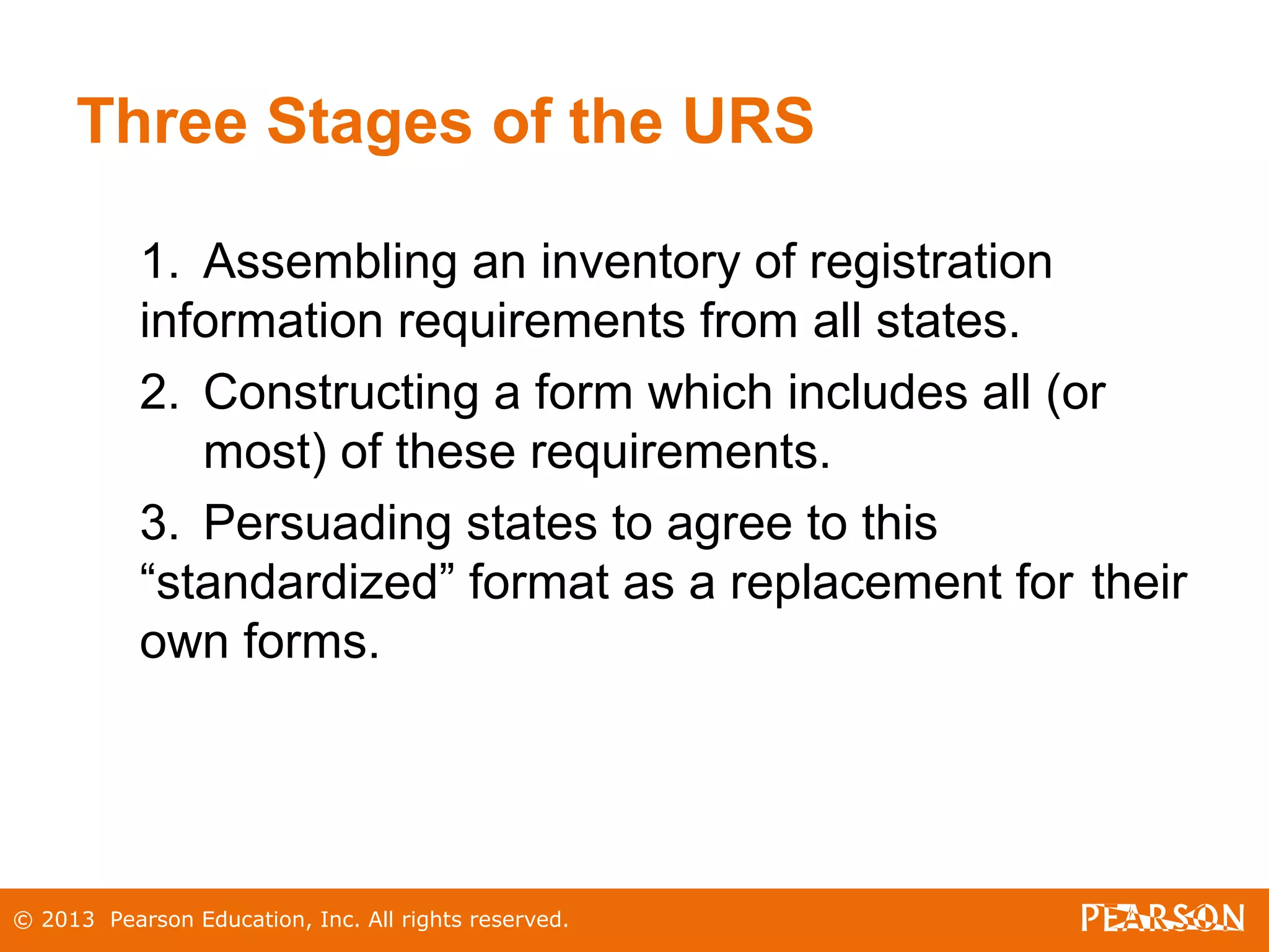 © 2013 Pearson Education, Inc. All rights reserved.
Three Stages of the URS
1. Assembling an inventory of registration
information requirements from all states.
2. Constructing a form which includes all (or
most) of these requirements.
3. Persuading states to agree to this
“standardized” format as a replacement for their
own forms.
 