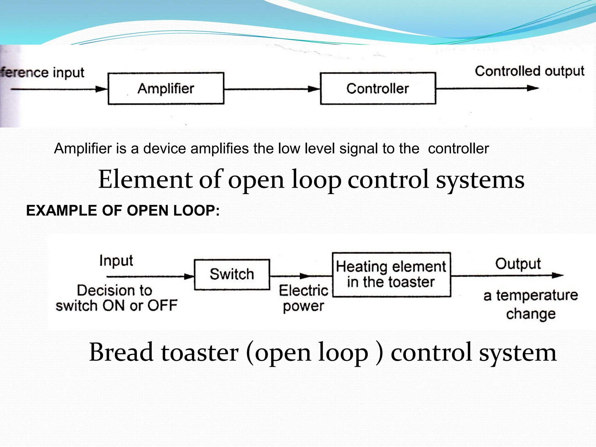 Element of open loop control systems
Bread toaster (open loop ) control system
Amplifier is a device amplifies the low level signal to the controller
EXAMPLE OF OPEN LOOP:
 