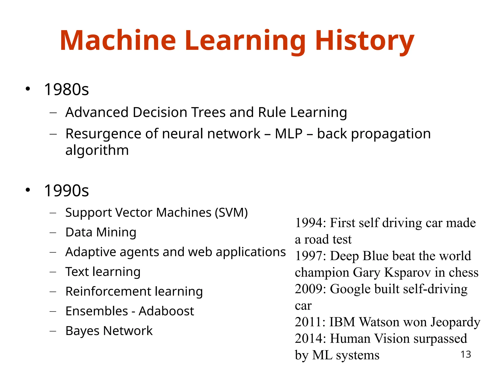 Machine Learning History
• 1980s
– Advanced Decision Trees and Rule Learning
– Resurgence of neural network – MLP – back propagation
algorithm
• 1990s
– Support Vector Machines (SVM)
– Data Mining
– Adaptive agents and web applications
– Text learning
– Reinforcement learning
– Ensembles - Adaboost
– Bayes Network
13
1994: First self driving car made
a road test
1997: Deep Blue beat the world
champion Gary Ksparov in chess
2009: Google built self-driving
car
2011: IBM Watson won Jeopardy
2014: Human Vision surpassed
by ML systems
 