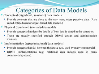 Categories of Data Models
 Conceptual (high-level, semantic) data models:
 Provide concepts that are close to the way many users perceive data. (Also
called entity-based or object-based data models.)
 Physical (low-level, internal) data models:
 Provide concepts that describe details of how data is stored in the computer.
 These are usually specified through DBMS design and administration
manuals
 Implementation (representational) data models:
 Provide concepts that fall between the above two, used by many commercial
 DBMS implementations (e.g. relational data models used in many
commercial systems).
 