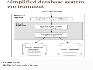  Database System:
The DBMS software and the database.
 