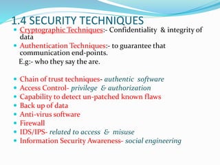 1.4 SECURITY TECHNIQUES
 Cryptographic Techniques:- Confidentiality & integrity of
data
 Authentication Techniques:- to guarantee that
communication end-points.
E.g:- who they say the are.
 Chain of trust techniques- authentic software
 Access Control- privilege & authorization
 Capability to detect un-patched known flaws
 Back up of data
 Anti-virus software
 Firewall
 IDS/IPS- related to access & misuse
 Information Security Awareness- social engineering
 