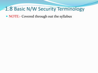 1.8 Basic N/W Security Terminology
 NOTE:- Covered through out the syllabus
 