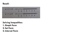 Recall:
Solving Inequalities:
1. Graph Form
2. Set Form
3. Interval Form
 