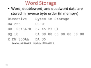 136 
Word Storage 
• Word, doubleword, and quadword data are 
stored in reverse byte order (in memory) 
Directive Bytes in Storage 
DW 256 00 01 
DD 1234567H 67 45 23 01 
DQ 10 0A 00 00 00 00 00 00 00 
X DW 35DAh DA 35 
Low byte of X is at X, high byte of X is at X+1 
 