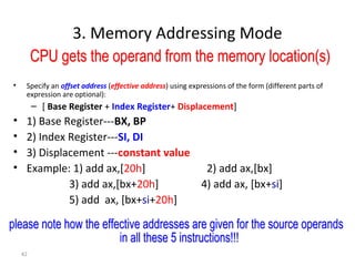 3. Memory Addressing Mode 
• Specify an offset address (effective address) using expressions of the form (different parts of 
expression are optional): 
– [ Base Register + Index Register+ Displacement] 
• 1) Base Register---BX, BP 
• 2) Index Register---SI, DI 
• 3) Displacement ---constant value 
• Example: 1) add ax,[20h] 2) add ax,[bx] 
42 
3) add ax,[bx+20h] 4) add ax, [bx+si] 
5) add ax, [bx+si+20h] 
 