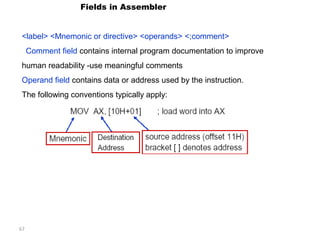 67 
Fields in Assembler 
<label> <Mnemonic or directive> <operands> <;comment> 
Comment field contains internal program documentation to improve 
human readability -use meaningful comments 
Operand field contains data or address used by the instruction. 
The following conventions typically apply: 
 