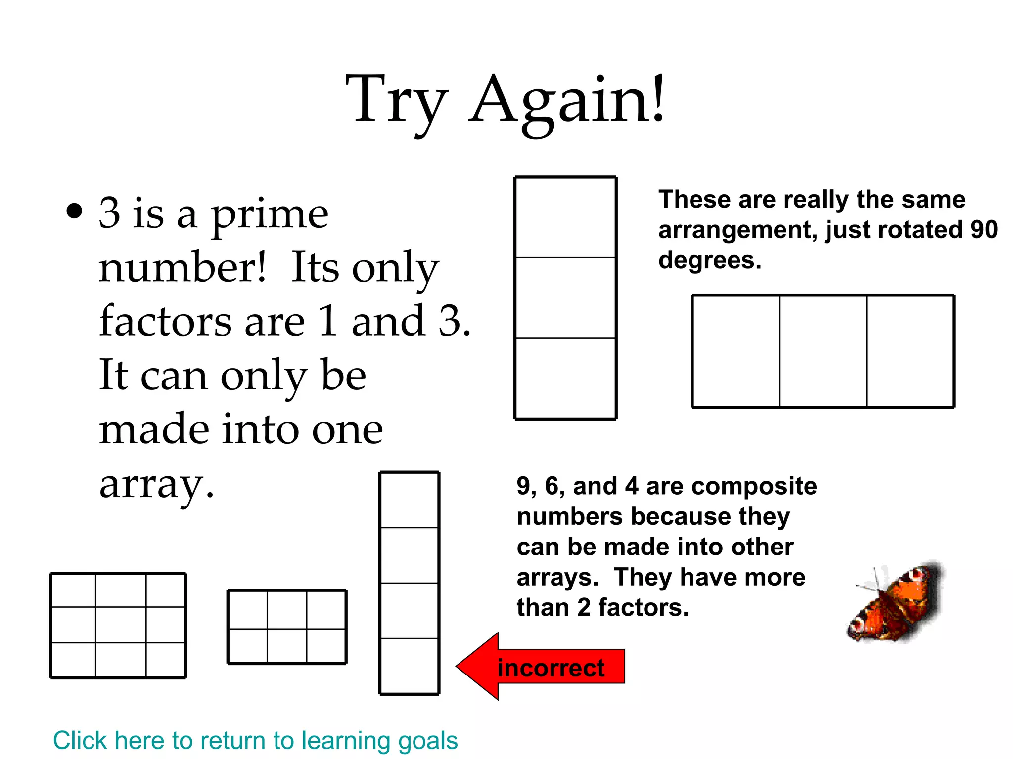 Try Again! 3 is a prime number!  Its only factors are 1 and 3.  It can only be made into one array. These are really the same arrangement, just rotated 90 degrees. incorrect 9, 6, and 4 are composite numbers because they can be made into other arrays.  They have more than 2 factors. Click here to return to learning goals 