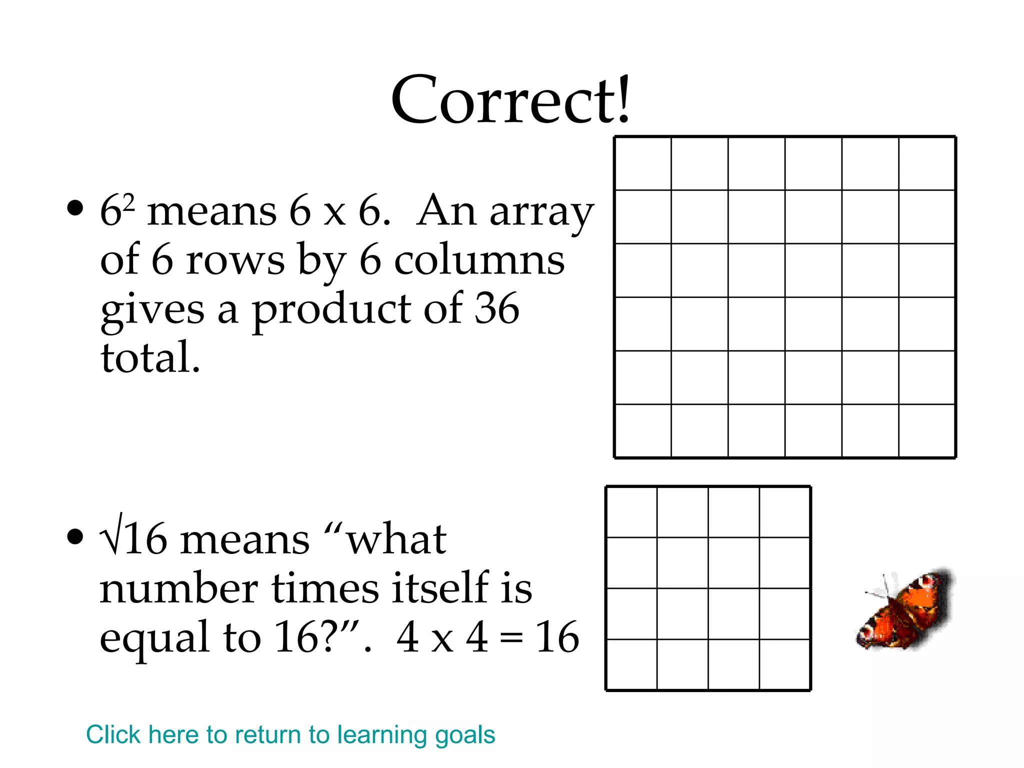 Correct! 6 2  means 6 x 6.  An array of 6 rows by 6 columns gives a product of 36 total. √ 16 means “what number times itself is equal to 16?”.  4 x 4 = 16 Click here to return to learning goals 