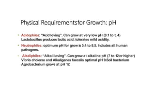 • Acidophiles: “Acid loving”. Can grow at very low pH (0.1 to 5.4)
Lactobacillus produces lactic acid, tolerates mild acidity.
• Neutrophiles: optimum pH for grow is 5.4 to 8.5. Includes all human
pathogens.
• Alkaliphiles: “Alkali loving”. Can grow at alkaline pH (7 to 12or higher)
Vibrio cholerae and Alkaligenes faecalis optimal pH 9.Soil bacterium
Agrobacterium grows at pH 12.
Physical Requirementsfor Growth: pH
 