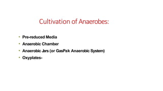 Cultivation of Anaerobes:
• Pre-reduced Media
• Anaerobic Chamber
• Anaerobic J
ars (or GasPak Anaerobic System)
• Oxyplates-
 