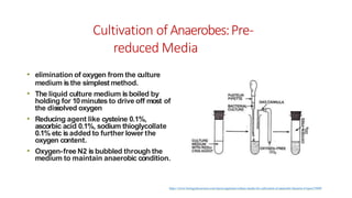 Cultivation of Anaerobes:Pre-
reduced Media
• elimination of oxygen from the culture
medium isthe simplest method.
• The liquid culture medium isboiled by
holding for 10 minutes to drive off most of
the diss
olved oxygen
• Reducing agent like cysteine 0.1%,
ascorbic acid 0.1%, sodium thioglycollate
0.1% etc isadded to further lower the
oxygen content.
• Oxygen-free N2 isbubbled through the
medium to maintain anaerobic condition.
https://www.biologydiscussion.com/microorganisms/culture-media-for-cultivation-of-anaerobic-bacteria-4-types/55049
 