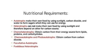 Nutritional Requirements:
• Autotrophs make their own food by using sunlight, carbon dioxide, and
water to form sugars which they can usefor energy.
• Heterotrophs can not make their own food by using sunlight and
therefore depend on other for carbon source.
• Chemoheterotrophs: Obtain carbon from their energy source form lipids,
proteins, and carbohydrates.
• Chemoautotrophs and Photoautotrophs: Obtain carbon from carbon
dioxide.
• Facultative Autotrophs
• Fastidious Heterotrophs
 