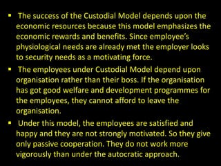  The success of the Custodial Model depends upon the
economic resources because this model emphasizes the
economic rewards and benefits. Since employee’s
physiological needs are already met the employer looks
to security needs as a motivating force.
 The employees under Custodial Model depend upon
organisation rather than their boss. If the organisation
has got good welfare and development programmes for
the employees, they cannot afford to leave the
organisation.
 Under this model, the employees are satisfied and
happy and they are not strongly motivated. So they give
only passive cooperation. They do not work more
vigorously than under the autocratic approach.
 