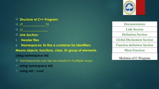  Structure of C++ Program:
 /*_______________*/
 //________________
 Link Section:
1. Header files
2. Namespaces: its like a container for identifiers
Means objects, functions, class. Or group of elements.
using namespace std;
 Namespaces can be accessed in multiple ways:
 using namespace std;
 using std :: cout;
 