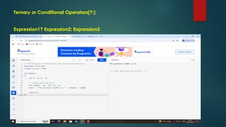 Ternary or Conditional Operators(?:)
Expression1? Expression2: Expression3
 