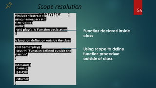 56
#include <iostream>
using namespace std;
class Game {
public:
void play(); // Function declaration
};
// function definition outside the class
void Game::play() {
cout << "Function defined outside the
class.n";
}
int main() {
Game g;
g.play();
return 0;
}
Function declared inside
class
Using scope to define
function procedure
outside of class
Scope resolution
operator ::
 
