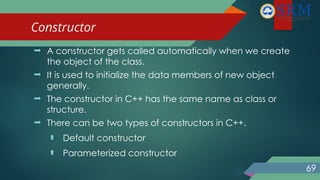 Constructor
69
 A constructor gets called automatically when we create
the object of the class.
 It is used to initialize the data members of new object
generally.
 The constructor in C++ has the same name as class or
structure.
 There can be two types of constructors in C++.
 Default constructor
 Parameterized constructor
 