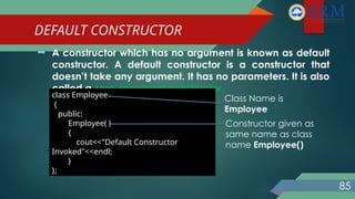 DEFAULT CONSTRUCTOR
85
 A constructor which has no argument is known as default
constructor. A default constructor is a constructor that
doesn’t take any argument. It has no parameters. It is also
called a zero-argument constructor.
class Employee
{
public:
Employee( )
{
cout<<"Default Constructor
Invoked"<<endl;
}
};
Class Name is
Employee
Constructor given as
same name as class
name Employee()
 