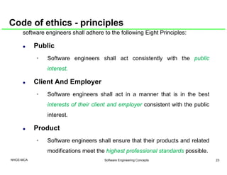 Code of ethics - principles
software engineers shall adhere to the following Eight Principles:software engineers shall adh...