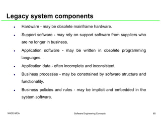 Legacy system components
Hardware - may be obsolete mainframe hardware.
Support software - may rely on support software fr...