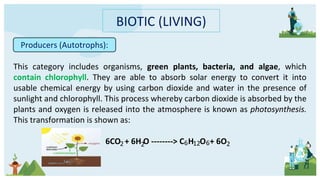 BIOTIC (LIVING)
This category includes organisms, green plants, bacteria, and algae, which
contain chlorophyll. They are able to absorb solar energy to convert it into
usable chemical energy by using carbon dioxide and water in the presence of
sunlight and chlorophyll. This process whereby carbon dioxide is absorbed by the
plants and oxygen is released into the atmosphere is known as photosynthesis.
This transformation is shown as:
6CO + 6H O --------> C H O + 6O
Producers (Autotrophs):
2 2 6 12 6 2
 