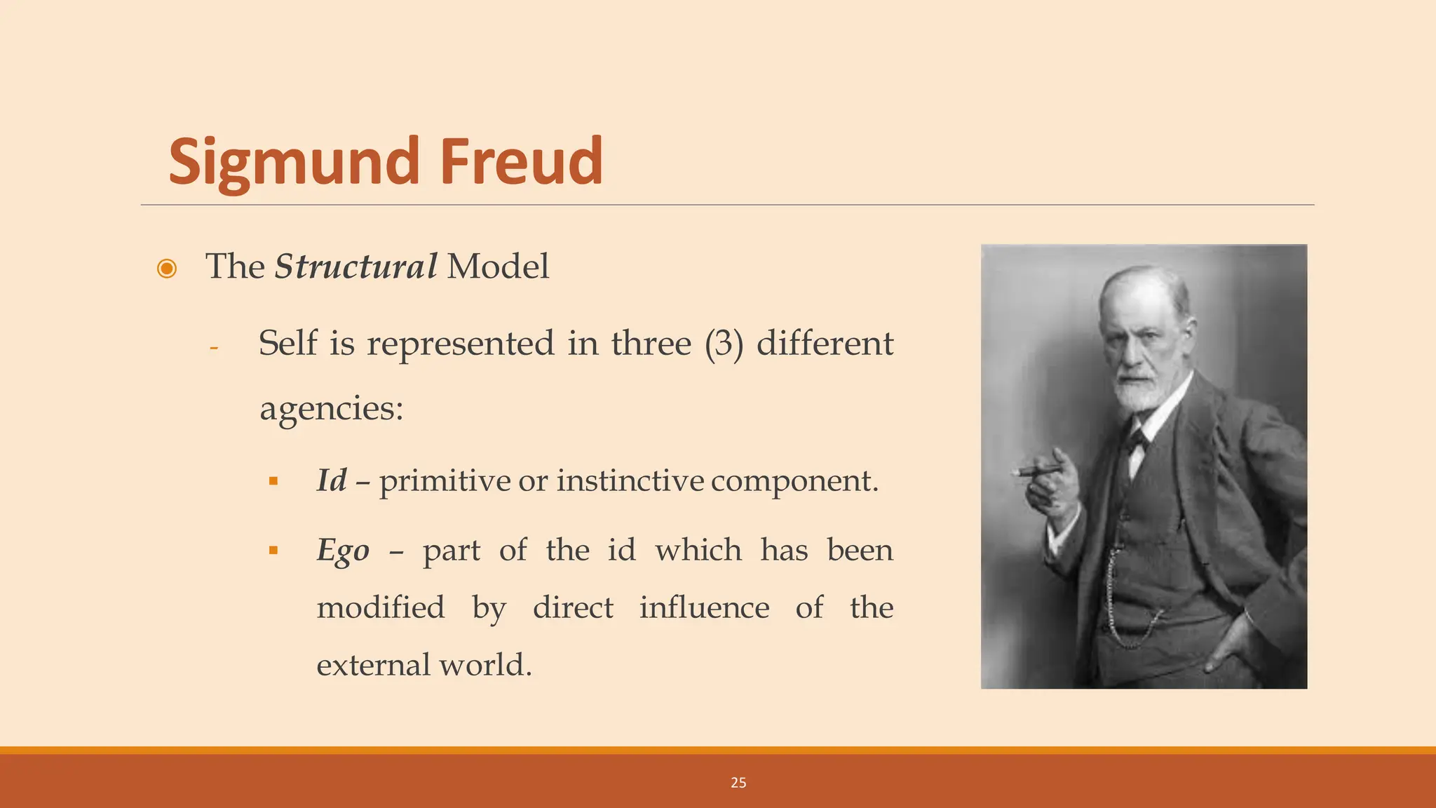Sigmund Freud
◉ The Structural Model
- Self is represented in three (3) different
agencies:
▪ Id – primitive or instinctive component.
▪ Ego – part of the id which has been
modified by direct influence of the
external world.
25
 