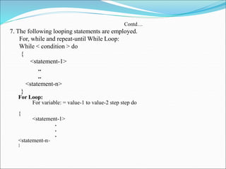 Contd…
7. The following looping statements are employed.
For, while and repeat-until While Loop:
While < condition > do
{
<statement-1>
..
..
<statement-n>
}
For Loop:
For variable: = value-1 to value-2 step step do
{
<statement-1>
.
.
.
<statement-n>
}
 
