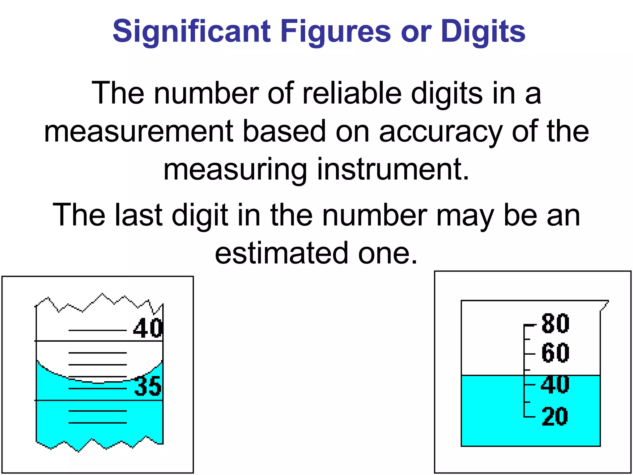 Significant Figures or Digits The number of reliable digits in a measurement based on accuracy of the measuring instrument. The last digit in the number may be an estimated one. 