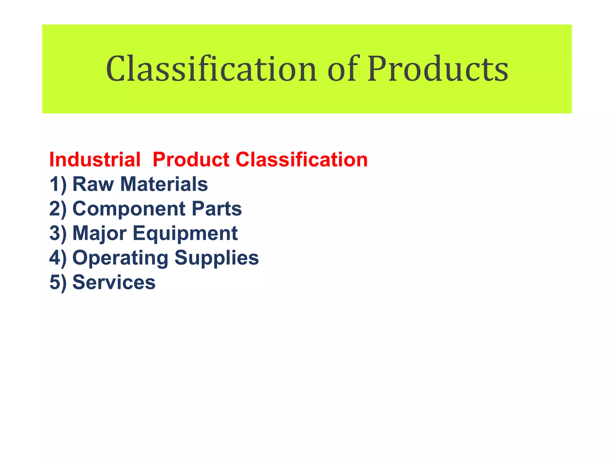 Classification of Products
Industrial Product Classification
1) Raw Materials
2) Component Parts
3) Major Equipment
4) Operating Supplies
5) Services
 
