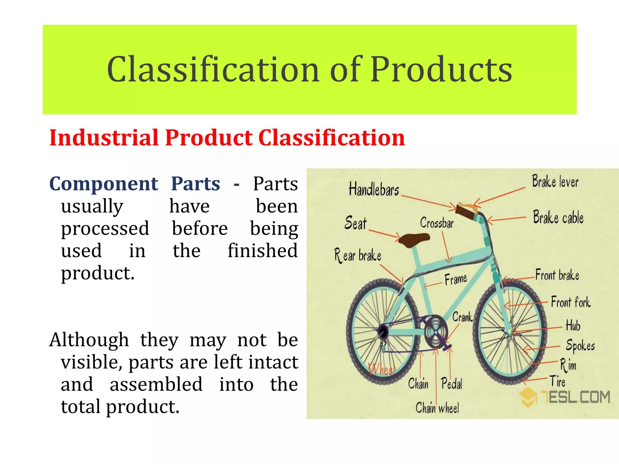 Classification of Products
Industrial Product Classification
Component Parts - Parts
usually have been
processed before being
used in the finished
product.
Although they may not be
visible, parts are left intact
and assembled into the
total product.
 