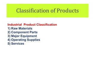 Classification of Products
Industrial Product Classification
1) Raw Materials
2) Component Parts
3) Major Equipment
4) Operating Supplies
5) Services
 