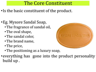 The Core Constituent
•Is the basic constituent of the product.
•Eg. Mysore Sandal Soap,
•The fragrance of sandal oil,
•The oval shape,
•The sandal color,
•The brand name,
•The price,
•The positioning as a luxury soap,
•everything has gone into the product personality
build up .
 