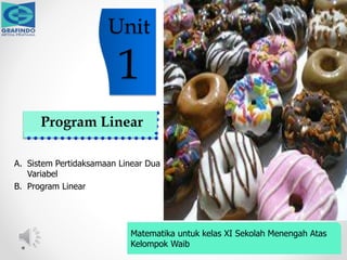 Unit
1
Program Linear
Matematika untuk kelas XI Sekolah Menengah Atas
Kelompok Waib
A. Sistem Pertidaksamaan Linear Dua
Variabel
B. Program Linear
 