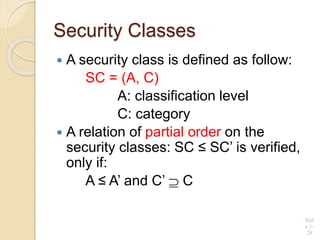 Security Classes
 A security class is defined as follow:
SC = (A, C)
A: classification level
C: category
 A relation of partial order on the
security classes: SC ≤ SC’ is verified,
only if:
A ≤ A’ and C’  C
Slid
e 1-
28
 