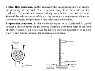 Central flow condenser. In this condenser the steam passages are all around
the periphery of the shell. Air is pumped away from the centre of the
condenser. The condensate moves radially towards the centre of tube nest.
Some of the exhaust steams while moving towards the centre meets the under
cooled condensate and pre-heats it thus reducing under cooling.
Evaporation condenser. In this condenser steam to be condensed is passed
through a series of tubes and the cooling waterfalls over these tubes in the form
of spray. A steam of air flows over the tubes to increase evaporation of cooling
water, which further increases the condensation of steam.
 