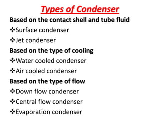 Types of Condenser
Based on the contact shell and tube fluid
Surface condenser
Jet condenser
Based on the type of cooling
Water cooled condenser
Air cooled condenser
Based on the type of flow
Down flow condenser
Central flow condenser
Evaporation condenser
 