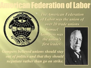 MarxismMarx believed that workers would eventually revolt, take control of factories, and overthrow the government. Once the workers did this, the new workers-led government would take all private property and distribute wealth evenly among every citizen. Marxism greatly influenced European unions and led to numerous revolutions in Europe in the mid-1800s. When immigrants came to the U.S. from Europe, many feared they would bring their ideas of workers revolutions with them, leading to a distrust of many Americans of immigrant workers.