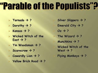 Election of 1896When farmers found that the Democratic Party would not meet their demands, many broke away and created the People’s Party, also known as the PopulistsIn the Election of 1896, a major issue was improving the U.S. economyDemocrats nominated William Jennings Bryan, a supporter of unlimited silver, drawing most Populists back to the Democratic PartyWilliam Jennings BryanWilliam McKinley