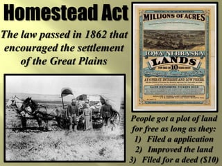 Homestead ActThe law passed in 1862 that encouraged the settlement of the Great PlainsPeople got a plot of land for free as long as they:Filed a applicationImproved the landFiled for a deed ($10)