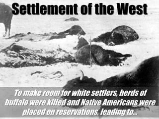 Settlement of the WestTo make room for white settlers, herds of buffalo were killed and Native Americans were placed on reservations, leading to…