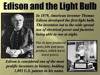 Bell develops telephoneThe free enterprise system helped to lead to new inventions by private businesses. One of the most dramatic inventions of the late 1800s was in the field of communications.In 1876, Alexander Graham Bell developed the first telephone, which revolutionized communication by increasing the scale and speed of nationwide communications."Mr. Watson -- come here -- I want to see you."